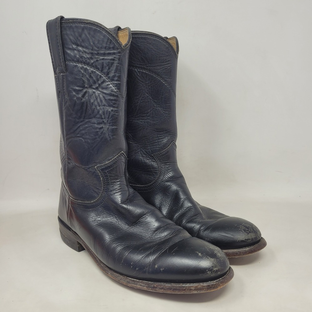 VTG Justin Boots 7B Black Leather Western Cowboy Cowgirl Roper L3703 USA Rodeo